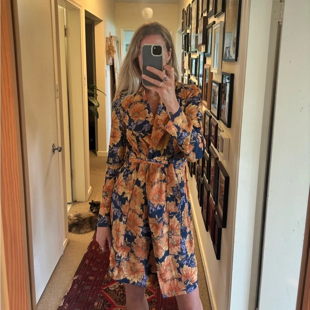 Babaton Aritzia Blue Orange Quincy Floral Trench Cardigan Jacket Wrap Dress - Picture 4 of 17